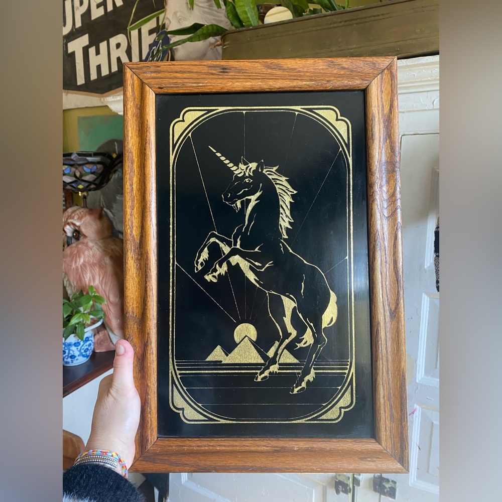 Vintage Unicorn Foil Pyramid Gold Wooden Wall Decor 18.5” x 15” Unicorn